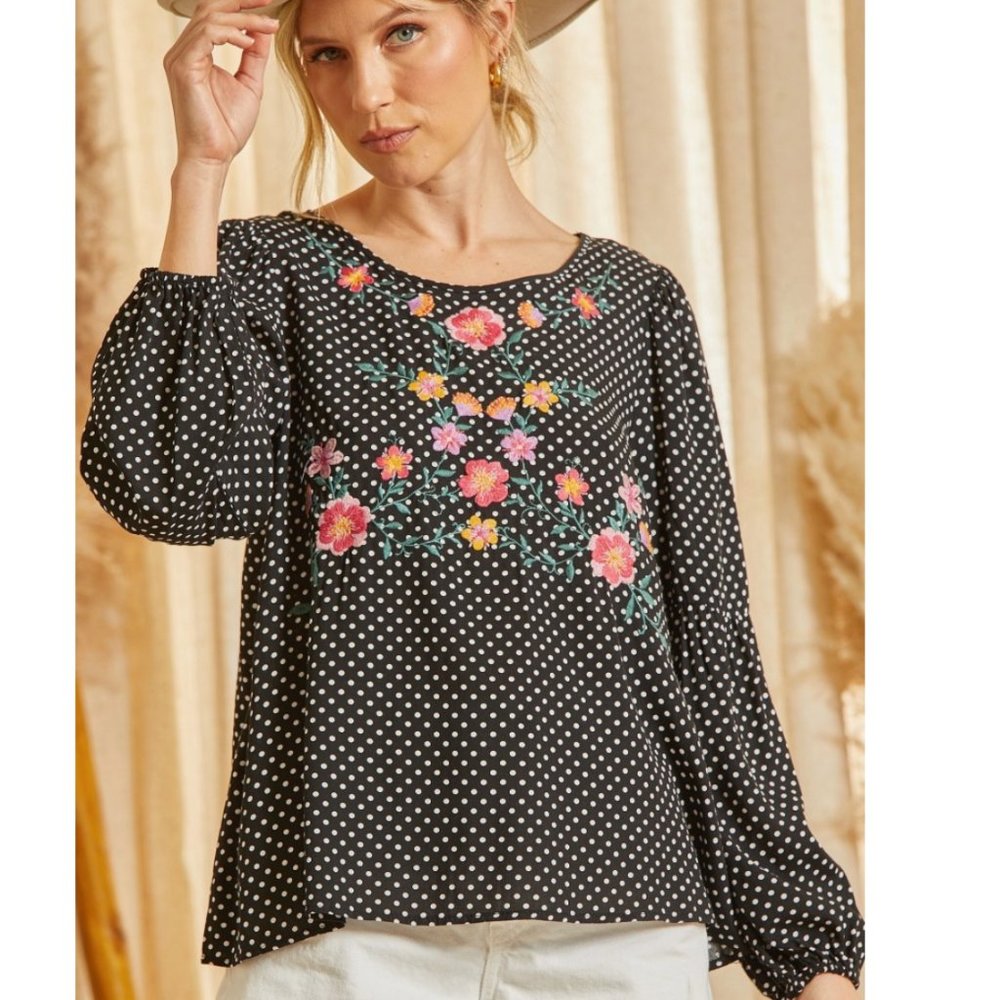 Last 1! NWT Savanna Jane Black Floral Embroidered Polka Dot Blouse